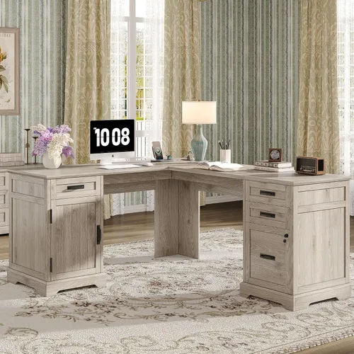 Miniatura 9 de Alohappy Escritorio ejecutivo de granja de 55 pulgadas, escritorio de oficina en casa con cajones, escritorio de madera para computadora