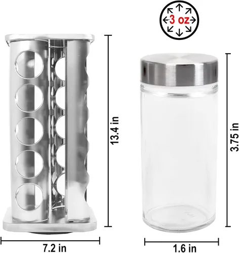 Miniatura 8 de Orii Estante giratorio para especias de acero inoxidable para 20 frascos, sin especias, tapas de acero inoxidable y tarros de vidrio