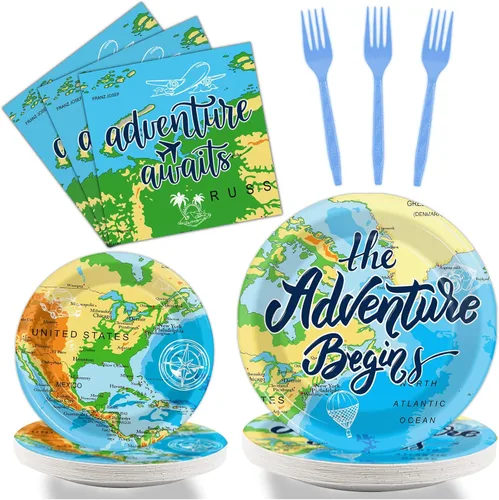 Wiooffen 96 Piezas Adventure Awaits Suministros de Fiesta Mapa de Viaje Platos de Cumpleaños Servilletas Tenedores para Cumpleaños Jubilación