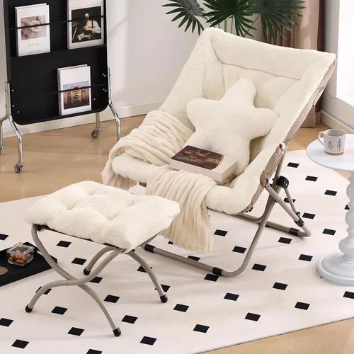 Miniatura 2 de Welnow Cómoda silla platillo con otomana, silla de lectura plegable de gran tamaño para adultos con almohada, silla de salón de piel sintética suave