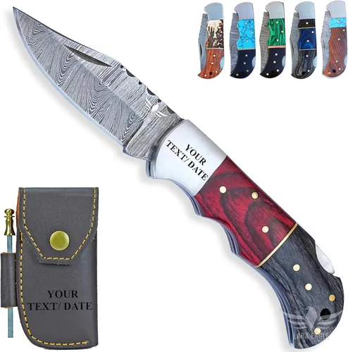 Miniatura 16 de Cuchillo de bolsillo de damasco personalizado para hombres - Cuchillo plegable de caza de acero sólido de 133 capas hecho a mano con afilador y azul