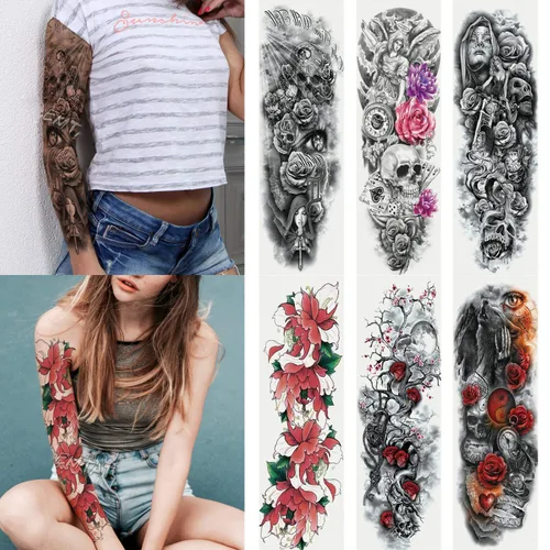 6 hojas de tatuajes temporales de brazo completo, impermeables, extra grandes, de calavera negra, rosa, tatuajes temporales para hombres y mujeres,
