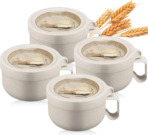Miniatura 8 de Maxdot 4 piezas de tazón para microondas de ramen, tazones de sopa instantánea aptos para microondas con tapas, tazones grandes de sopa con asas