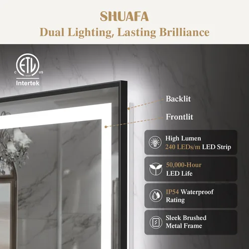 Miniatura 4 de Espejo de baño LED de 24 x 32 pulgadas con luces, espejo de tocador de baño con marco negro con luz frontal + retroiluminación para pared, vidrio