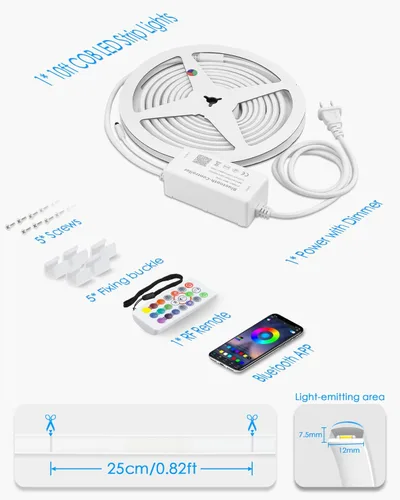 Miniatura 7 de 110V Tira de luz LED RGB COB Bluetooth de 10 pies, tira de luces LED multicolor ajustable flexible con control remoto, sincronización de música