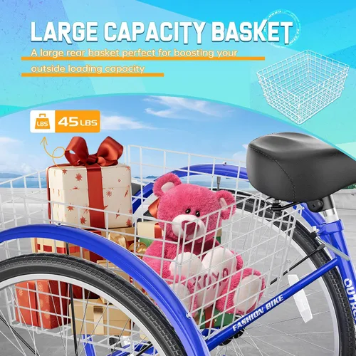 Miniatura 5 de Outroad - Triciclo Comfort de 24/26 pulgadas, triciclo de crucero de 1 velocidad, bicicletas de 3 ruedas con cesta grande para personas mayores