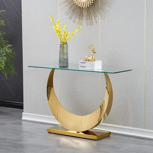 Miniatura 70 de SSLine Mesa auxiliar de cristal de lujo para sala de estar, mesa auxiliar moderna dorada con base de pedestal de acero inoxidable en forma de flor