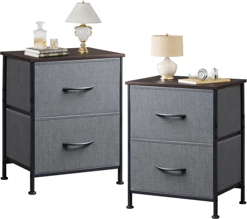Miniatura 9 de WLIVE Mesita de noche negra, cómoda pequeña con 2 cajones y superficie de madera, mesita de noche con cestas de tela, mesa de cabecera mesa auxiliar