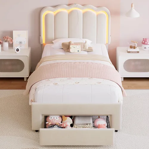 Miniatura 3 de Marco de cama LED tapizado individual con cajón de almacenamiento y cabecera doble ondulada ajustable, cama de plataforma de terciopelo estilo Beige