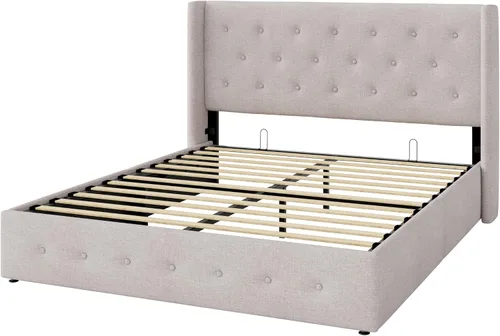 Miniatura 9 de Allewie Cama de almacenamiento elevable tamaño Queen, cabecero capitonado con botones con respaldo de ala, soporte hidráulico, no necesita somier