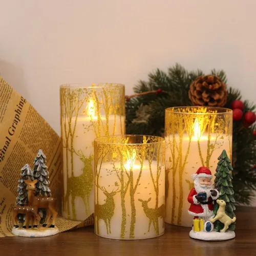 Miniatura 2 de GenSwin Velas de cristal sin llama parpadeantes con decoración de ciervos y temporizadores remotos, luz LED de mecha móvil a pilas, juego de 3 velas