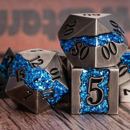 Miniatura 6 de Dados poliédricos DND de metal, juego de dados metálicos con purpurina a rayas grandes, juego de 7 dados plateados antiguos para juegos de rol