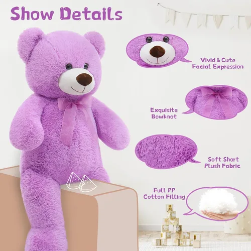 Miniatura 5 de Toys Studio Oso de peluche grande de 36 pulgadas, lindo animal de peluche gigante, oso de felpa suave para novias y niños, color morado