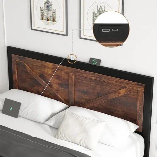 Miniatura 5 de DOGIBIXO Marco de cama tamaño completo con luces LED y carga USB, marco de cama de plataforma industrial con cabecera de puerta de granero