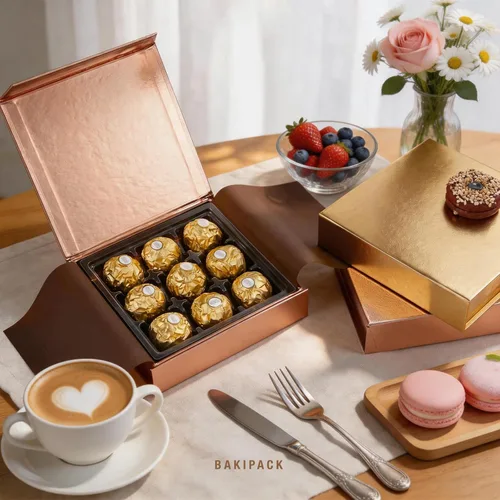 Miniatura 2 de BAKIPACK Juego de 6 cajas de regalo de trufa de oro rosa con bandeja de plástico de 9 piezas, cierre magnético, 5.7 x 5.7 x 1.3 pulgadas