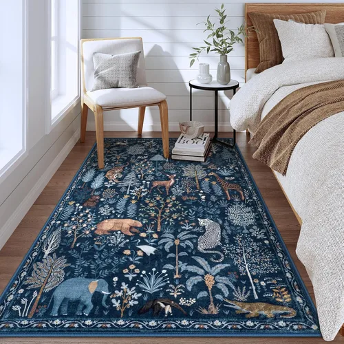 Miniatura 7 de OJIA Alfombras azules con estampado de selva de 5 x 7 pies para sala de estar, suaves, ultrafinas, lavables, para dormitorio, alfombra de entrada