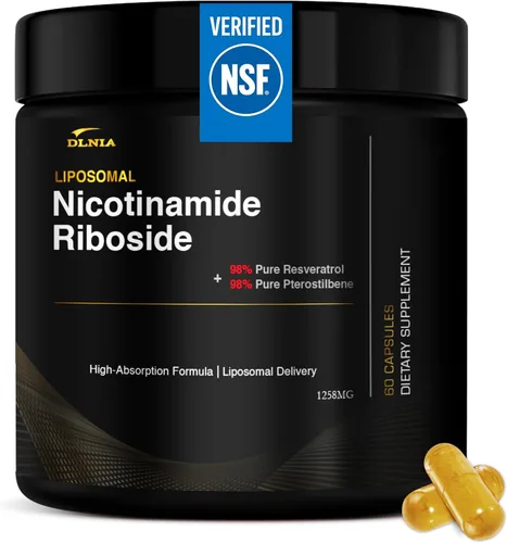 DLNIA Suplemento liposomal NAD+ y alternativa NMN | Ribosida de nicotinamida (NR) 1258 mg con resveratrol, quercetina, pterostilbeno y