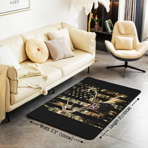 Miniatura 3 de Alfombra decorativa con bandera americana, para sala de estar, para niños, niñas, ciervos, caza, cuernos, animales salvajes, interiores, 3 x 5 pies