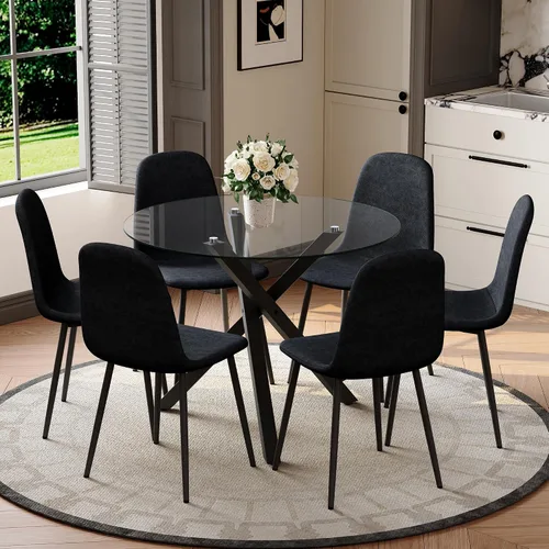 Miniatura 11 de Juego de mesa de comedor redonda para 6, juego de mesa de comedor de vidrio de 39 pulgadas con base de metal ajustable dorada en forma de X y 6