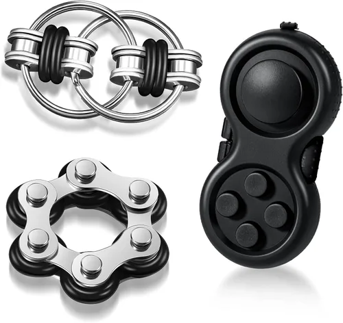 Gejoy Juego de 3 juguetes para inquietos para adultos, controlador de mano, juego de almohadillas, seis rodillos, cadena, cadena giratoria, llave,