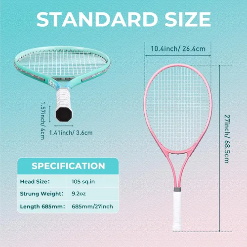 Miniatura 5 de HIRALIY Juego de raquetas de tenis de 27 pulgadas para adultos, raquetas de tenis preencordadas para 2 jugadores, 2 cintas de sobreagarre, 3 pelotas