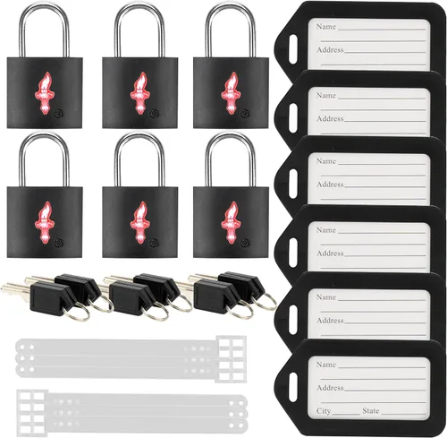 Paquete de 6 cerraduras negras para equipaje TSA con llave+6 etiquetas de viaje, candado de equipaje aprobado por la TSA para mochilas, bolsas y