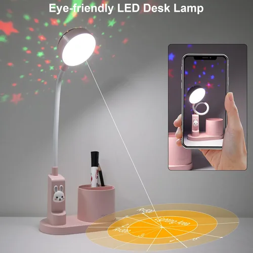 Miniatura 5 de Lámpara LED de escritorio para niños, pequeña y bonita luz de mesa con soporte para bolígrafo, lámpara de cuello de cisne rosa, proyector