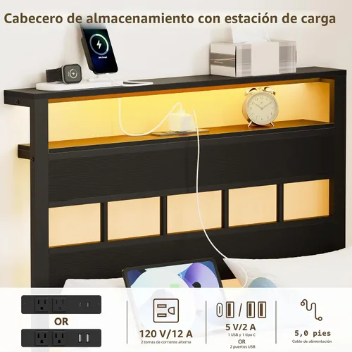 Miniatura 7 de Furnulem Base de cama individual con estación de carga y luces LED, cama de plataforma de tamaño individual con listones de metal, cabecera de Roble