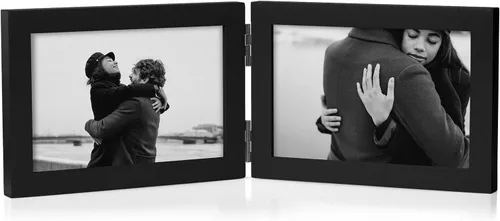 Marco de fotos doble de 4 x 6 pulgadas con bisagras horizontales, marco de fotos plegable en madera de pino negro con vidrio real para mesa