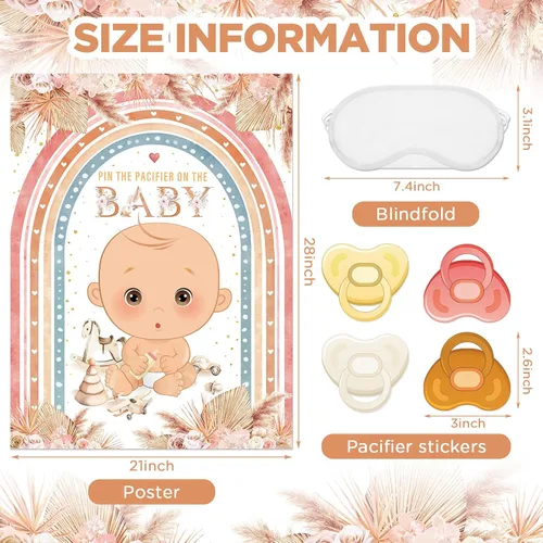 Miniatura 2 de Faccito Pin The Pacifier Juego de Baby Shower Decoraciones de Fiesta de Baby Shower Incluye Póster Grande 24 Calcomanías de Chupete Venda