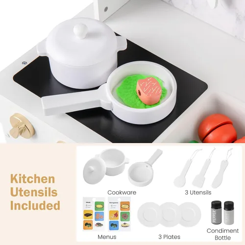 Miniatura 5 de INFANS Juego de cocina para niños, juego de cocina de madera para niños pequeños con estufa de teléfono, gabinete de almacenamiento de microondas