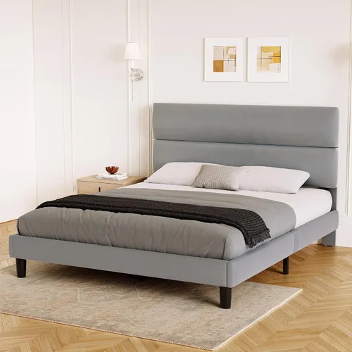 Miniatura 8 de GRUSIGN Base de cama de plataforma tamaño Queen con cabecera de terciopelo, soporte de listones de madera de altura ajustable, base de colchón Gris
