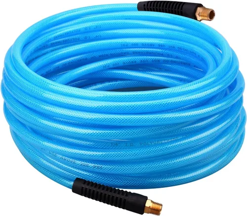 Manguera de aire de poliuretano reforzado (PU), 50 pies x 1/4 pulgadas, 300 PSI, manguera de compresor de aire PU con extremos de latón MNPT de 1/4