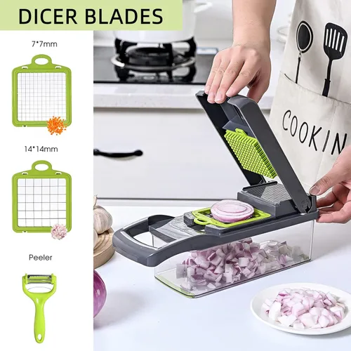 Miniatura 2 de Cortador de verduras 16 en 1 con picador de especias, 7 cuchillas, cortador de verduras y cebolla Un conjunto gris