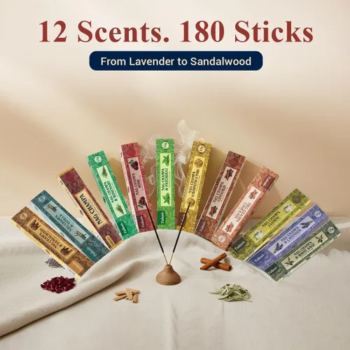 Miniatura 3 de Tulasi Nag Champa - Varitas de incienso surtidas/paquete variado – 180 varillas enrolladas a mano, 12 aromas naturales Sándalo, lavanda, vainilla