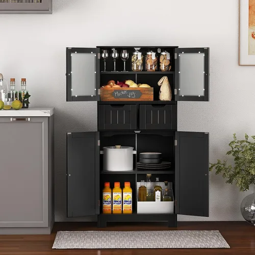 Miniatura 4 de LOKO Armario de piso de baño, organizador de almacenamiento con puertas de vidrio, armario de cocina de madera con estante ajustable para sala