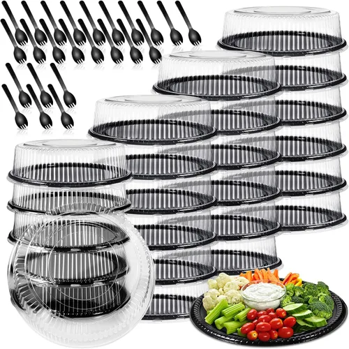 Miniatura 9 de Tessco for you 1 bandeja de servicio resistente con tapa transparente y tenedores, bandeja grande de plástico desechable para catering, plato negro