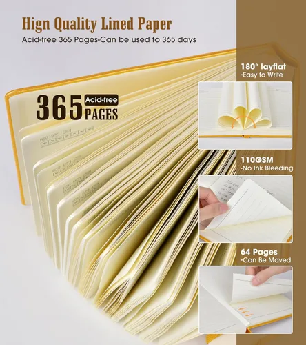 Miniatura 3 de Cuaderno rayado, 365 páginas B5 para escritura, cuaderno rayado para la universidad, cuaderno de cuero con tapa dura para mujeres y hombres, Amarillo