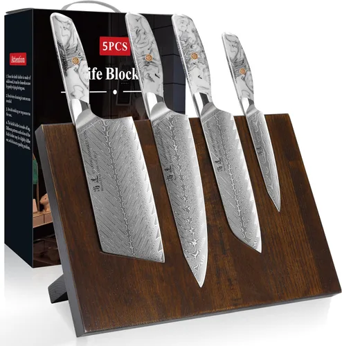 Miniatura 9 de SHANGDAO Juego de cuchillos de cocina de Damasco con bloque magnético para cuchillos, 5 cuchillos de cocina afilados hechos de acero japonés
