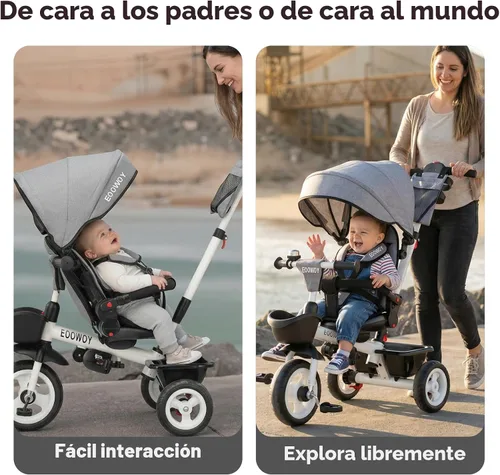 Miniatura 4 de EOOWOY Triciclo para niños pequeños con mango de empuje, triciclo 7 en 1 con asiento giratorio de 360°, respaldo reclinable, ruedas todo terreno