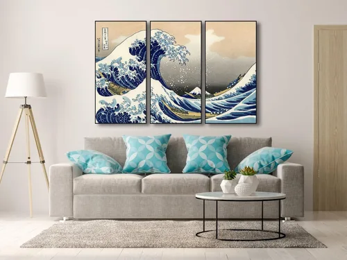 Miniatura 3 de Wieco Art Arte enmarcado de aluminio negro grande, 3 paneles, gran ola de Kanagawa, Katsushika Hokusai, impresiones en lienzo de arte de pared