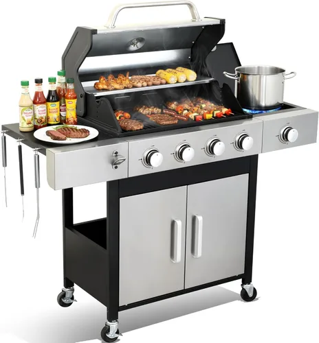 Miniatura 7 de Parrilla de gas propano 3+1 quemador de 39,000 BTU con rejillas de hierro fundido y quemador lateral, tapa de acero inoxidable de doble pared, calor