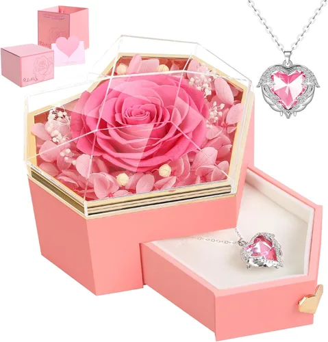 Rosa Rosa Real Preservada Rosa con Collar para Siempre Flores en Caja Diamante para Mamá, Esposa, Novia, Abuela en el Día de la Madre, Cumpleaños,