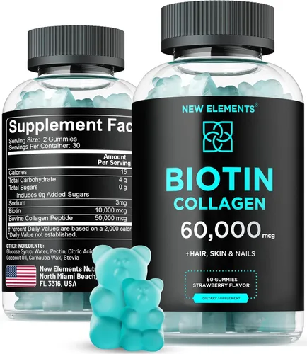Gomitas de péptidos de colágeno y biotina - 50,000 mcg de colágeno + 10,000 mcg de biotina | Soporte para cabello, piel y uñas para hombres y