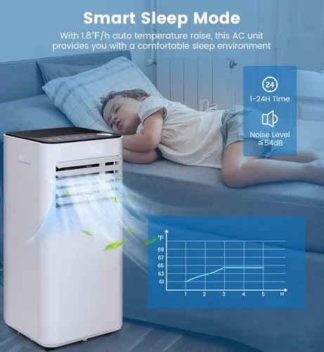 Miniatura 4 de KOTEK Aire acondicionado portátil para habitación de hasta 250 pies cuadrados, unidad de CA 3 en 1 de 8000 BTU para dormitorio con deshumidificador