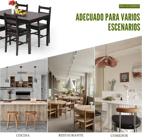 Miniatura 6 de FDW Juego de mesa de comedor de madera maciza de 5 piezas para 4 Marrón Mesa de cocina de pino con sillas tapizadas Diseño que ahorra