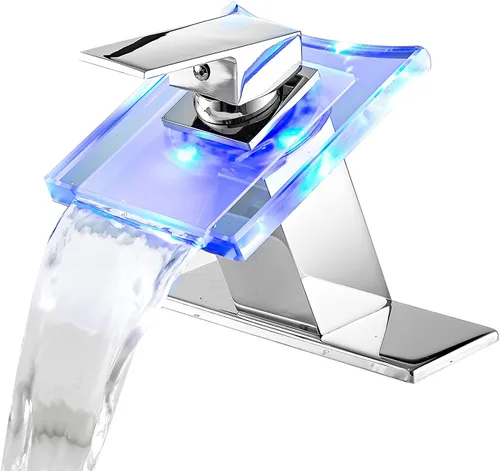 Miniatura 12 de Grifo de baño con salida de agua en cascada, diseño moderno, de un solo mango, un solo agujero, grifo de lavamanos de vidrio, cromado, de latón Cromo