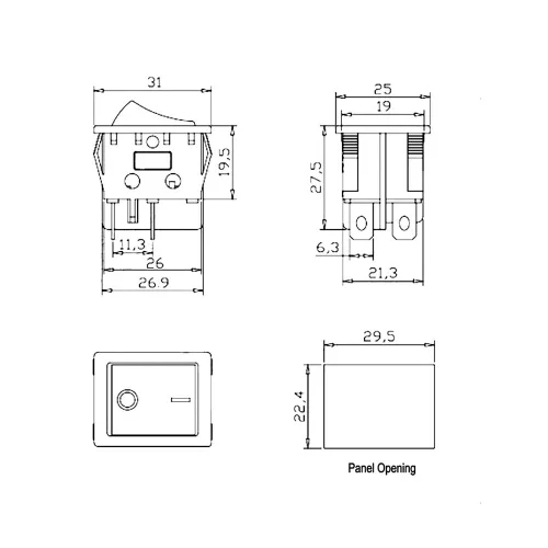 Miniatura 3 de Interruptor basculante DPST On-Off Unilluminated Negro 4 Pin 1.220x0.984 in Rectangular Snap-in Interruptor de alimentación de palanca