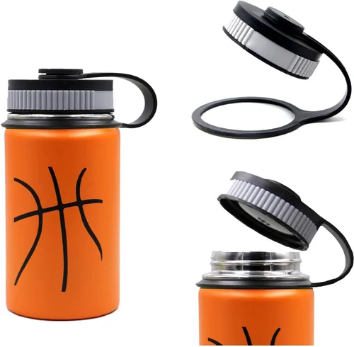 Miniatura 3 de Botella de agua de baloncesto de 12 onzas, botella de agua deportiva aislada al vacío de acero inoxidable con popote y 2 tapas, botella de agua