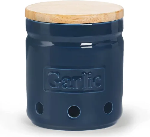 Conservador de ajo ONTUBE con tapa de madera, recipiente de almacenamiento de ajo de cerámica de 4.5 pulgadas, recipiente de ajo para cocina,
